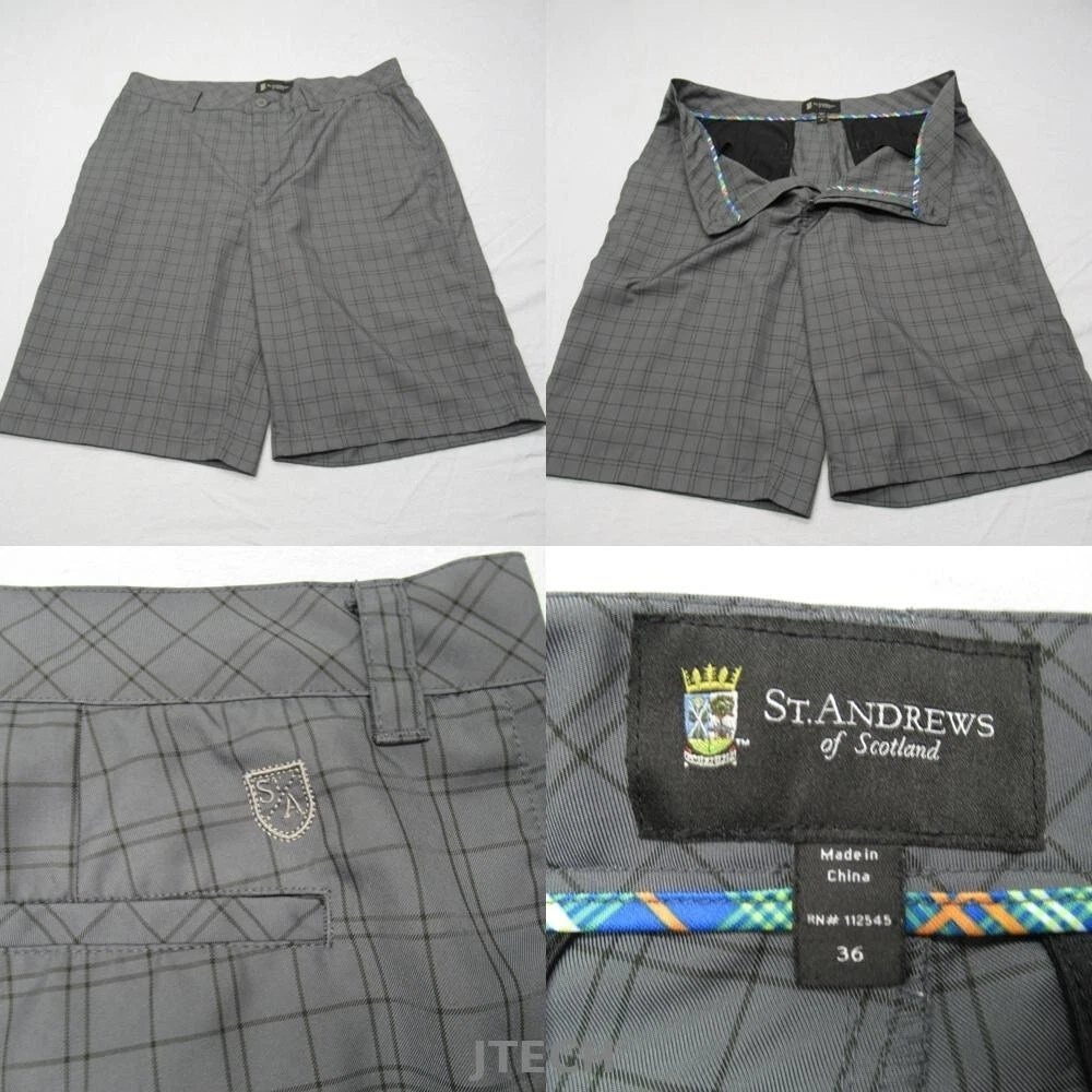 St Andrews Golf Shorts Men 36 Gray Check Scotland Pockets‎ Zip Flat Chino 9"